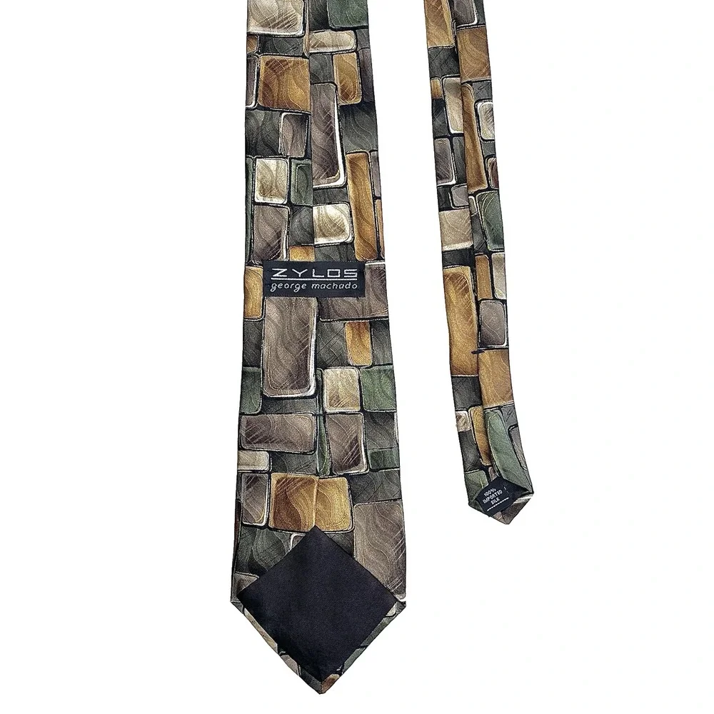 ZYLOS George Machado Silk Necktie Brown Green Gold‎ Abstract Mosaic Block USA